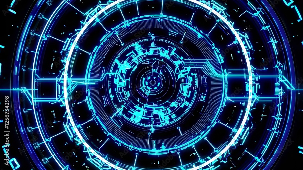 Poster futuristic glowing blue circular hud interface visualizing complex data analysis with intricate conn
