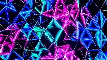 Low-poly triangular shapes in vibrant neon colors form a dynamic and futuristic background, ideal for technology, music, or entertainment-related projects