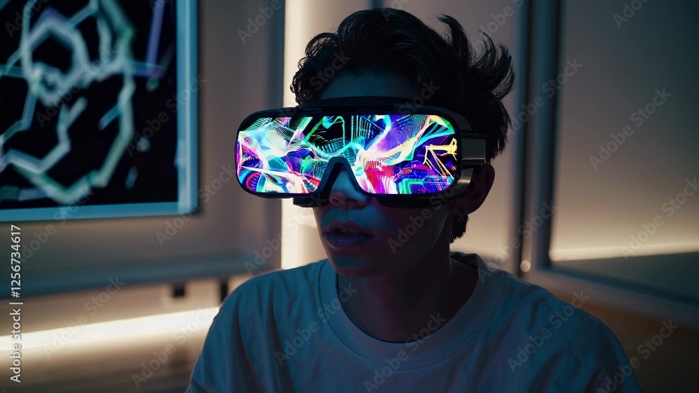 Poster software developer wearing vr headset exploring virtual reality in futuristic office, experiencing i