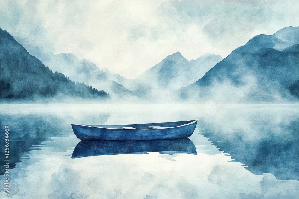 Poster serene watercolor illustration of a rowboat resting on a calm mountain lake surrounded by misty peak