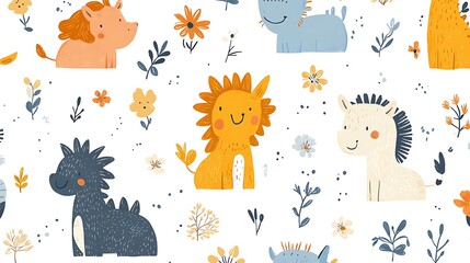 Adorable animal illustration featuring lions, unicorns, and dinosaurs amidst a floral pattern, perfect for children's products or textile designs.