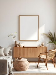 minimalist japandi living room with empty frame mockup, wooden furniture, linen textures, warm neutral tones, soft lighting, wabi-sabi aesthetic