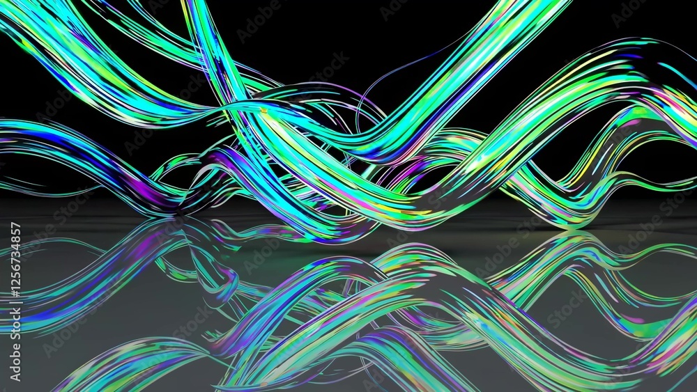 Poster holographic iridescent ribbons are flowing and creating a mesmerizing spectacle with their vibrant c