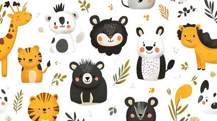Adorable animal seamless pattern with cute cartoon giraffes, tigers, koalas, lions, and bears.