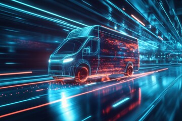 Futuristic Delivery Van in Neon Lights with Motion Blur Effect