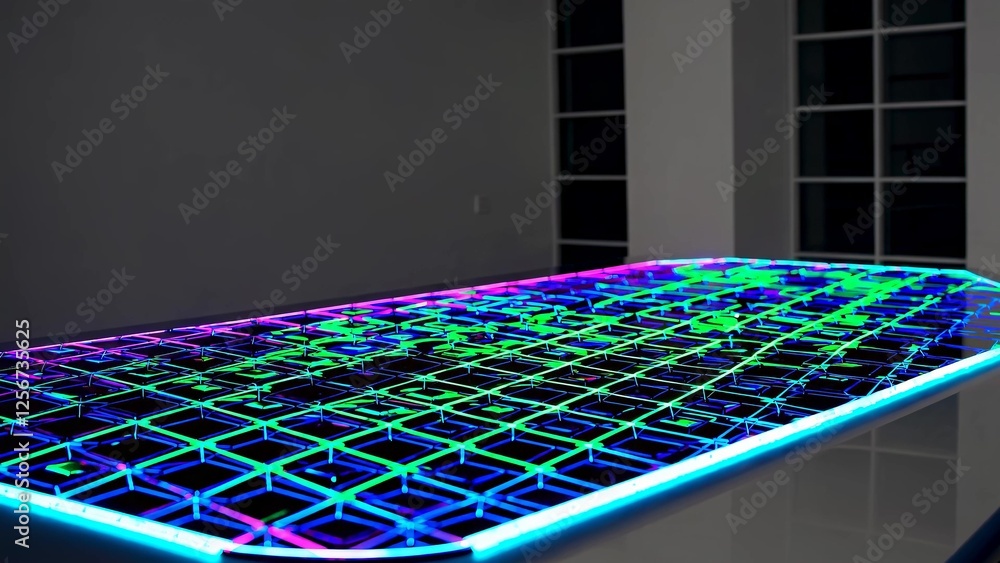 Poster neon lights illuminating a futuristic table in a dark room, creating a vibrant and colorful atmosphe