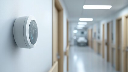 Smart Thermostat in Modern Hospital Corridor