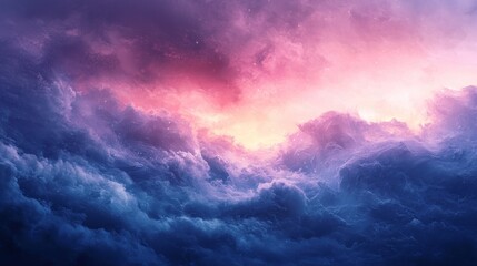 Obraz premium A vibrant sky filled with deep purple and pink hues, showcasing dramatic clouds illuminated by soft light at dawn or dusk.