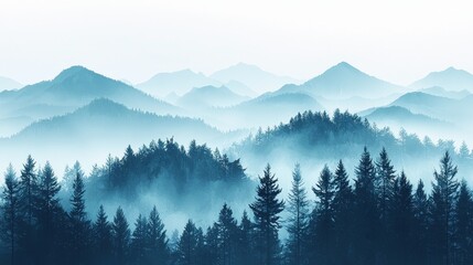 Obraz premium A serene misty landscape featuring layered mountains and dense evergreen forests, creating a tranquil, atmospheric scene.