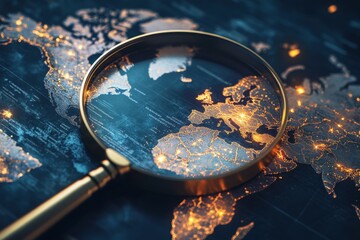 Magnifying Glass Over Illuminated World Map with Europe Focus