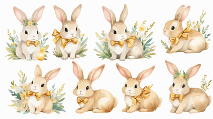 Watercolor illustration of cute baby rabbits with golden bows sitting among greenery. A delicate and artistic animal composition.