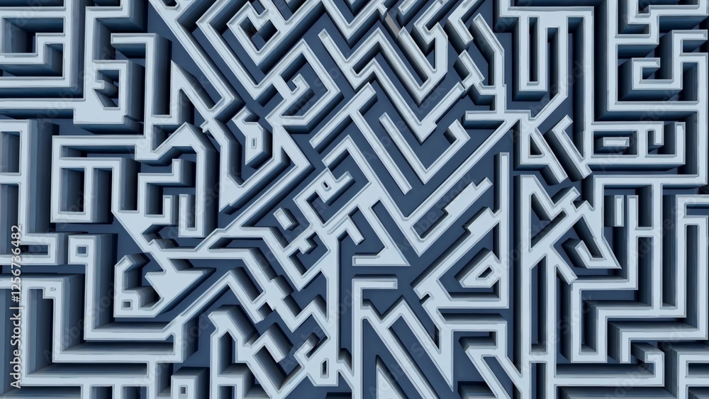 Poster intricate white lines create a complex three-dimensional maze against a dark blue background, formin