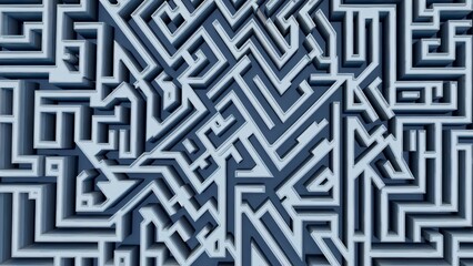 Intricate white lines create a complex three-dimensional maze against a dark blue background, forming an abstract and visually stimulating pattern