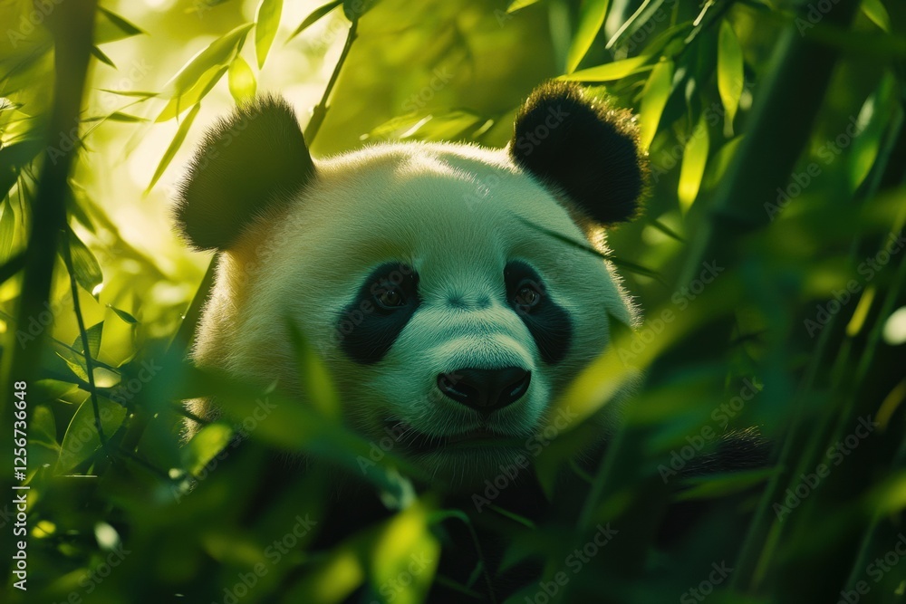 Leinwandbilder panda relaxing in a bamboo forest with soft sunlight filtering through the leaves. generative ai