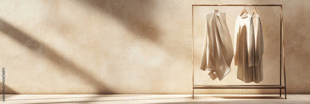 Poster minimalist clothing rack showcases neatly arranged garments in a serene interior setting during dayl