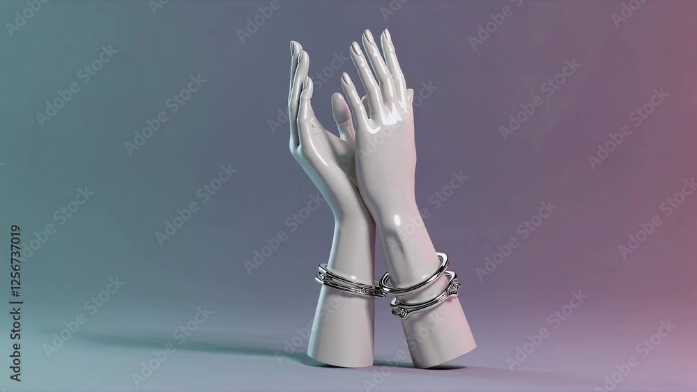 Poster white mannequin hands wearing silver bracelets are gently touching each other on a gradient backgrou