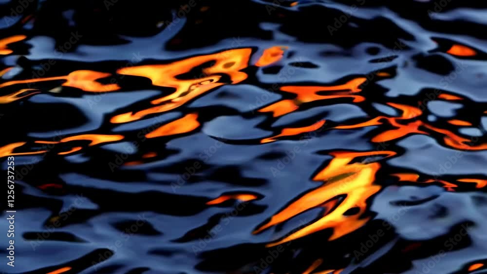 Poster rippling water surface reflecting fiery orange light in abstract pattern, vibrant and dynamic textur