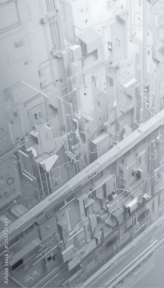Poster complex abstract white geometric structure with futuristic technology elements