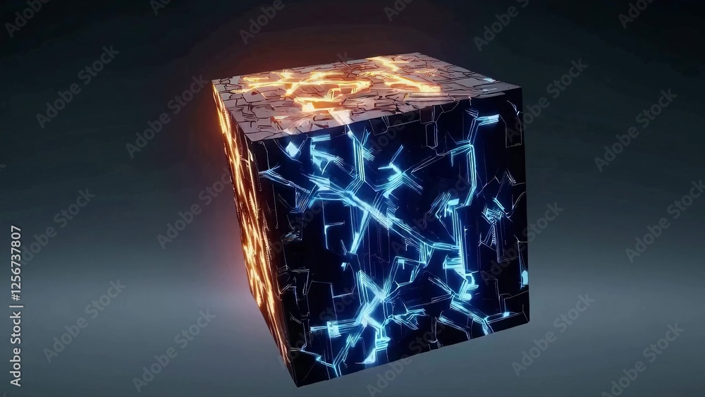 Aufkleber futuristic black cube with glowing orange and blue cracks emitting a mysterious light, creating a ca