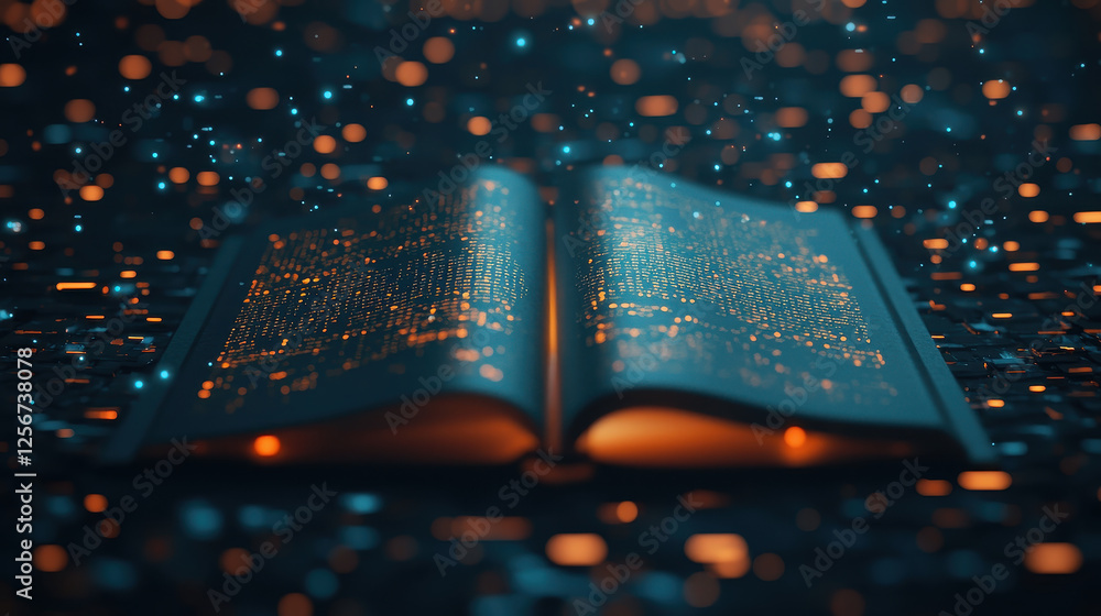 Aufkleber open book with glowing text and floating particles, creating magical atmosphere