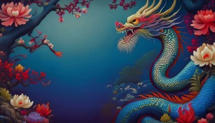 Obraz premium elegant dragon border frame with floral design with copy space for text graphic resource 