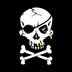 Crossbones Pirate skull with eye patch and gold tooth  Icon Illustration