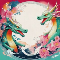 elegant dragon border frame with floral design with copy space for text graphic resource