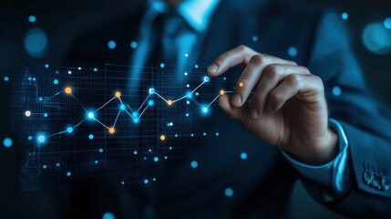 Businessman in suit analyzing financial line graph on digital screen in office environment