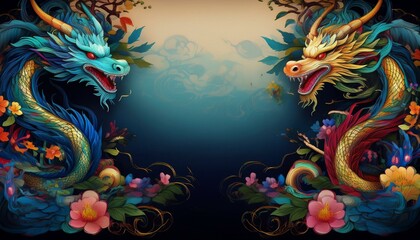 elegant dragon border frame with floral design with copy space for text graphic resource
