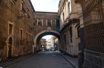 Historic buildings gate on Via dei Crociferi street in Catania