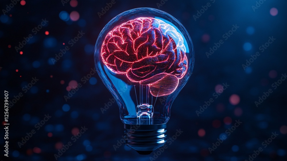 Leinwandbilder luminous red brain suspended within a lightbulb against a dark backdrop with bokeh
