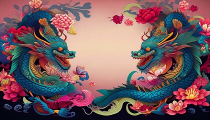 Fototapeta premium elegant dragon border frame with floral design with copy space for text graphic resource 