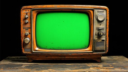 Vintage TV, green screen, wood table, dark background, retro media