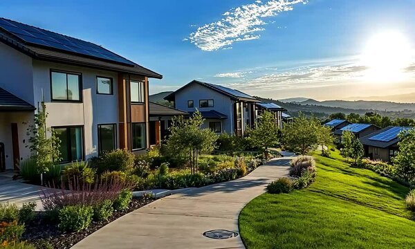 An eco-conscious carbon-neutral neighborhood featuring smart homes equipped with solar panels that recycle energy and water, promoting a sustainable and green lifestyle.