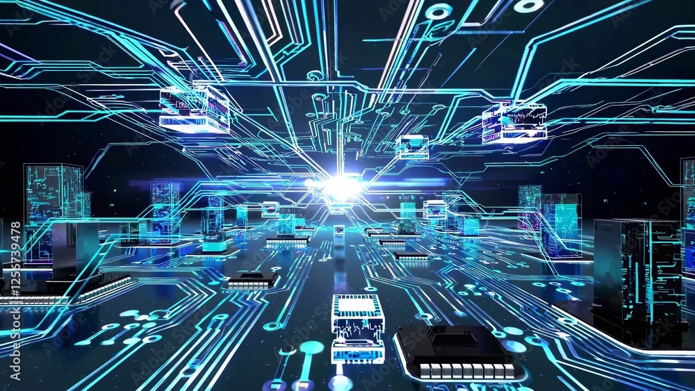Poster Pulsating with energy, a complex network of circuits and data blocks flows with information, crafting a futuristic technological landscape filled with vibrant connections and digital innovation
