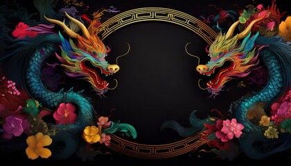 Obraz premium elegant dragon border frame with floral design with copy space for text graphic resource