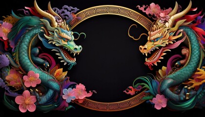 Obraz premium elegant dragon border frame with floral design with copy space for text graphic resource 