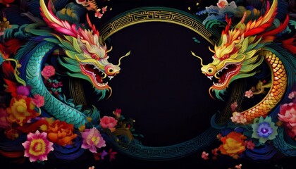 Fototapeta premium elegant dragon border frame with floral design with copy space for text graphic resource
