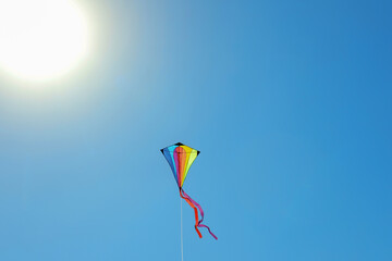 One colorful kite flying in blue sky on sunny day. Space for text