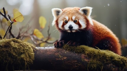 Captivating red panda perched on a mossy branch with serene gaze