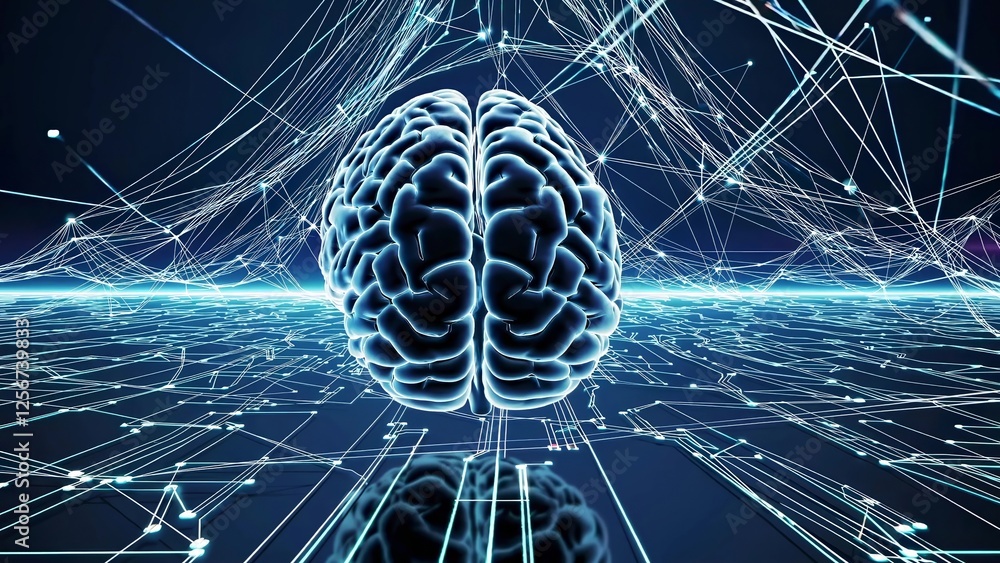 Poster complex network of interconnected lines and nodes surrounding a floating human brain, symbolizing ar
