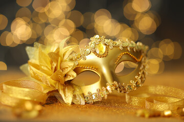 Beautiful carnival mask on golden shiny surface against blurred lights, closeup