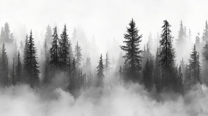A misty forest landscape with towering evergreen trees shrouded in fog, creating a serene and mysterious atmosphere.