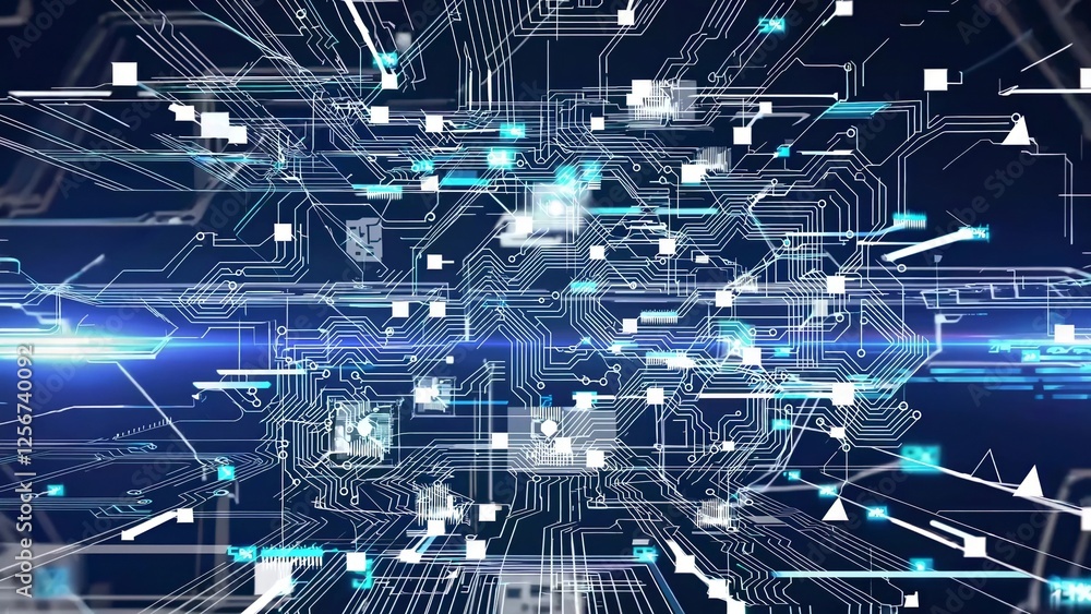 Poster complex network of circuits and data streams flowing across a futuristic printed circuit board, symb