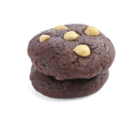 Tasty chocolate cookies with hazelnuts isolated on white