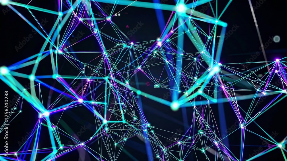 Poster glowing plexus with connecting dots, lines, and random numbers forming a complex network on a dark b
