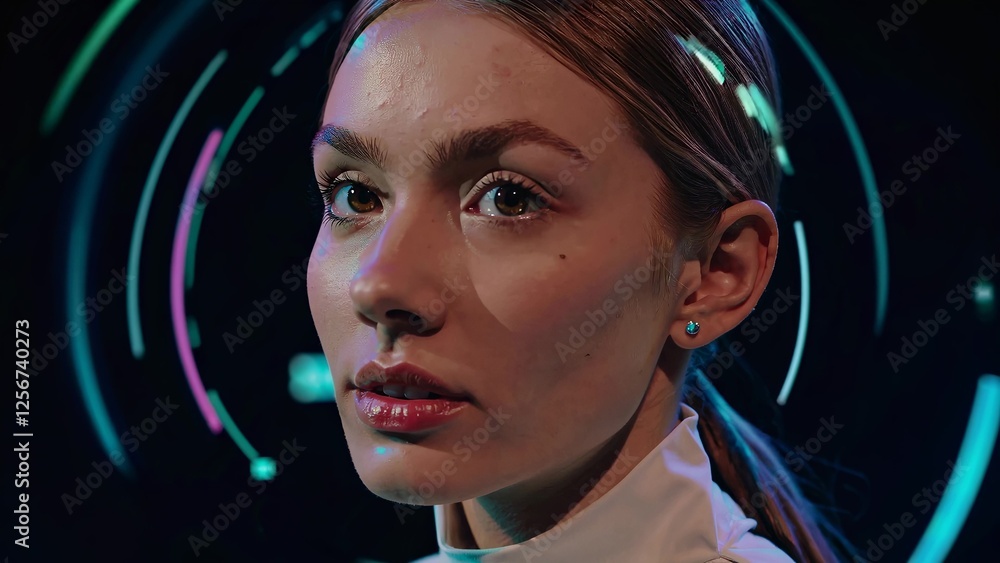 Poster female scientist observing holographic head-up display projection of data analysis in a dark laborat