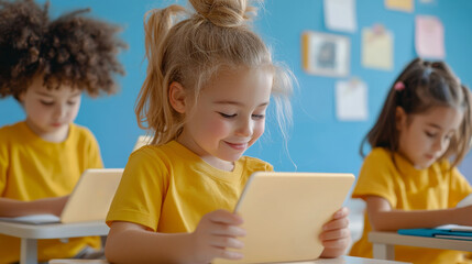 Engaged children using tablets in classroom setting, showcasing diversity and modern learning. atmosphere is vibrant and focused, highlighting digital education
