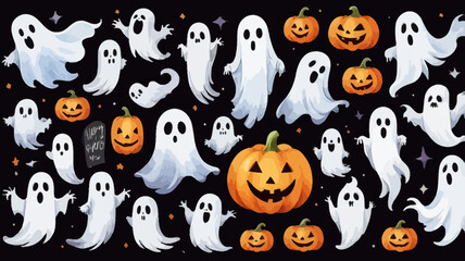 Halloween-themed vector design with cute ghosts, pumpkins, and bats. Perfect for spooky season invitations, party decor, and Halloween-themed designs.