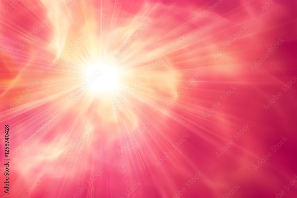 Poster digital image: bright light source with radiating rays and pink cloudy background